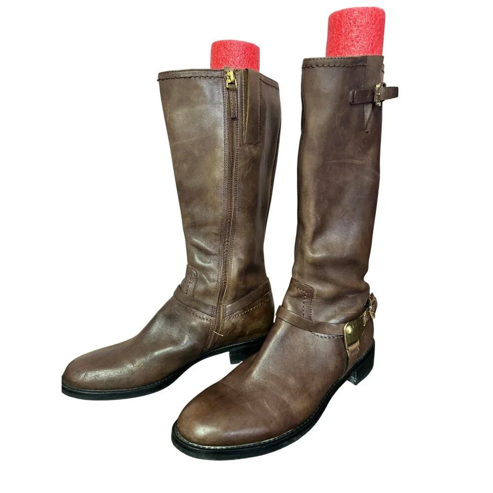 Brown Ecco Leather Tall Riding Boots With Buckle & Side Zipper